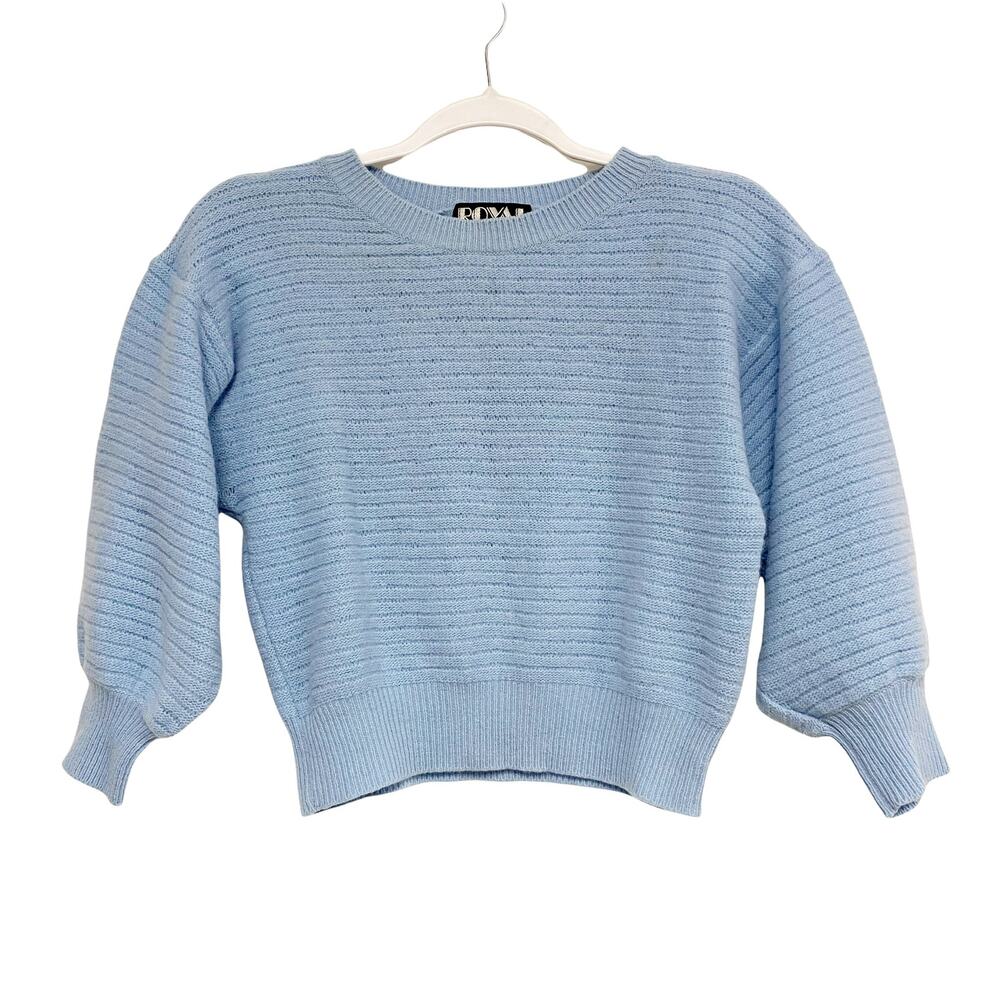 Vintage Royal Womens Blue Fuzzy KnIt Cropped Puff Sleeve Slit Sweater